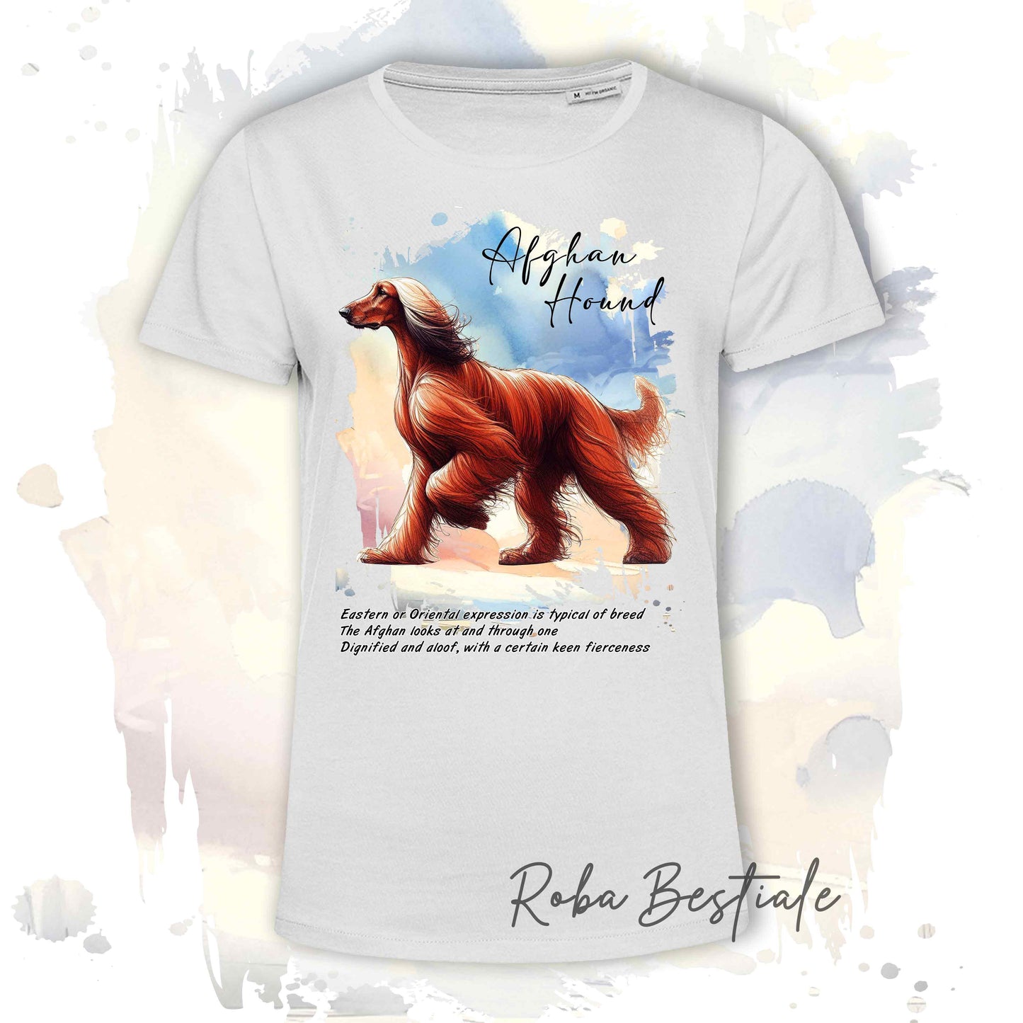 T-Shirt BEHAVIOR - LEVRIERO AFGANO Rosso - Standard FCI - 100% Cotone, Bianca, Uomo o Donna - dalla XS alla 5XL