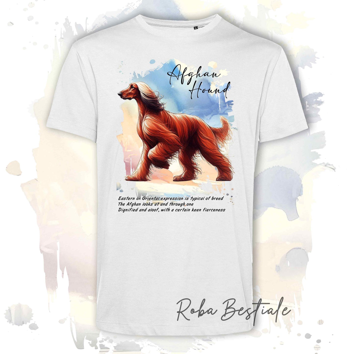 T-Shirt BEHAVIOR - LEVRIERO AFGANO Rosso - Standard FCI - 100% Cotone, Bianca, Uomo o Donna - dalla XS alla 5XL