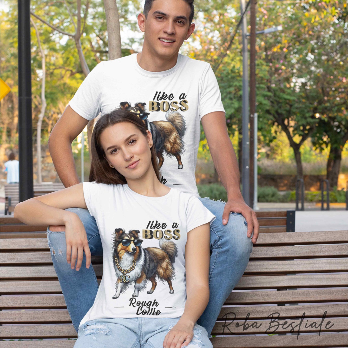 T-Shirt LIKE A BOSS - CANE DA PASTORE SCOZZESE a Pelo Lungo, Sable - 100% Cotone, Bianca, Uomo o Donna - dalla XS alla 5XL
