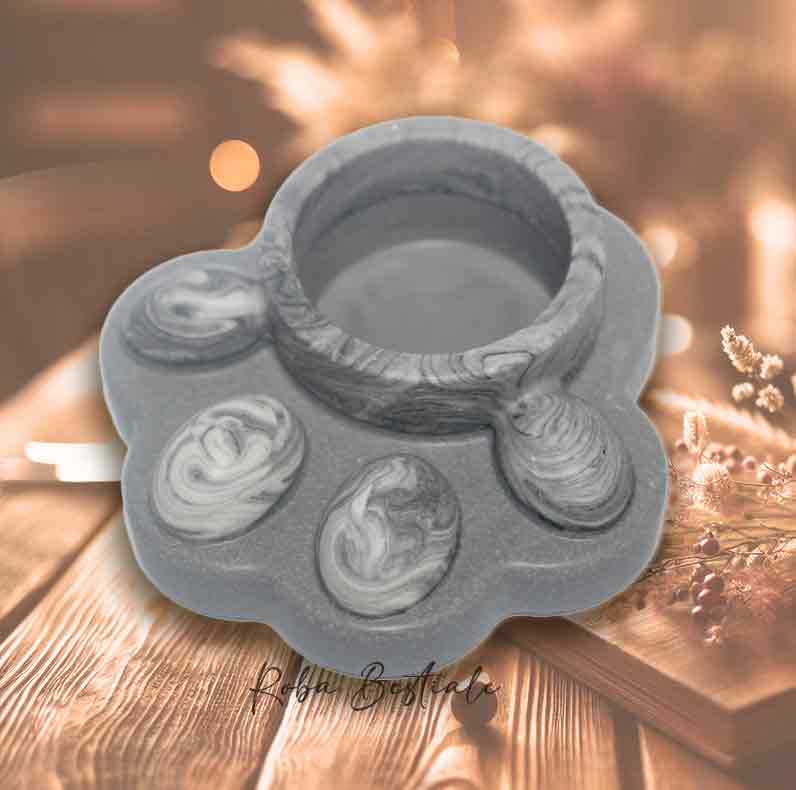 Porta Tea Light ZAMPINA - Base Grigio Puro & dettagli Grigio Marmorizzato Bianco - in Jesmonite - 9x9 cm