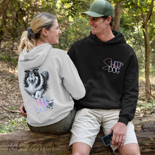 Felpa FLASHY SHEEPDOG - CANE DA PASTORE SCOZZESE a Pelo Lungo - Unisex - Nera o Grigia - dalla XS alla 3XL - Scritta Olografica Cangiante!