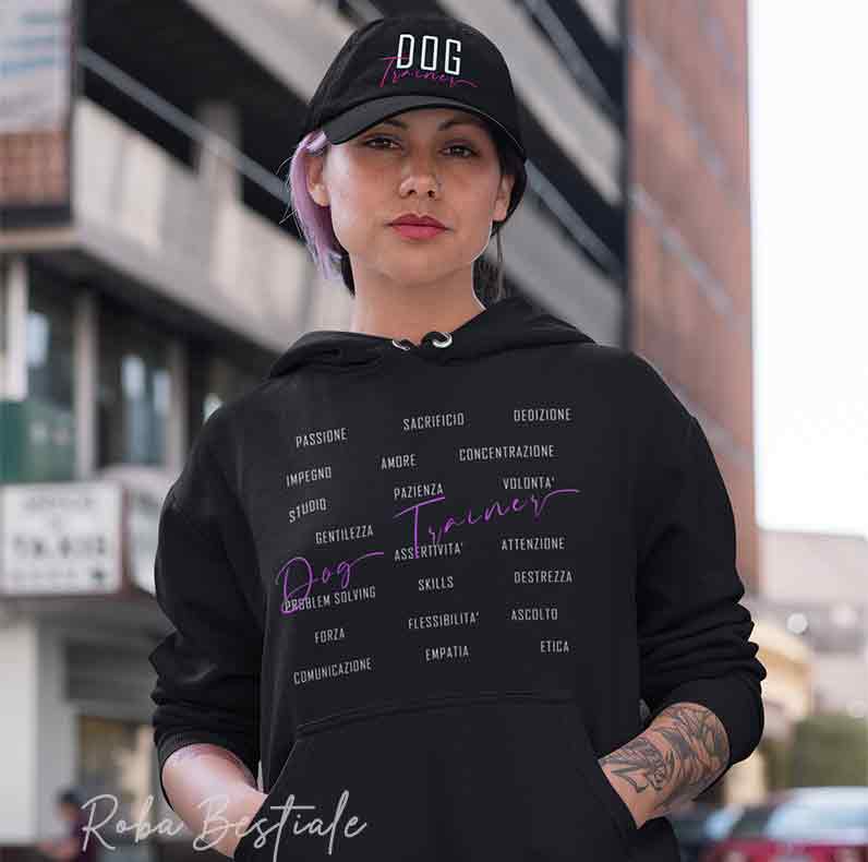 Felpa DOG TRAINER - SKILLS2 - NERA - Unisex, Scritta principale in colore a scelta, 80% cotone - 4 colori disponibili