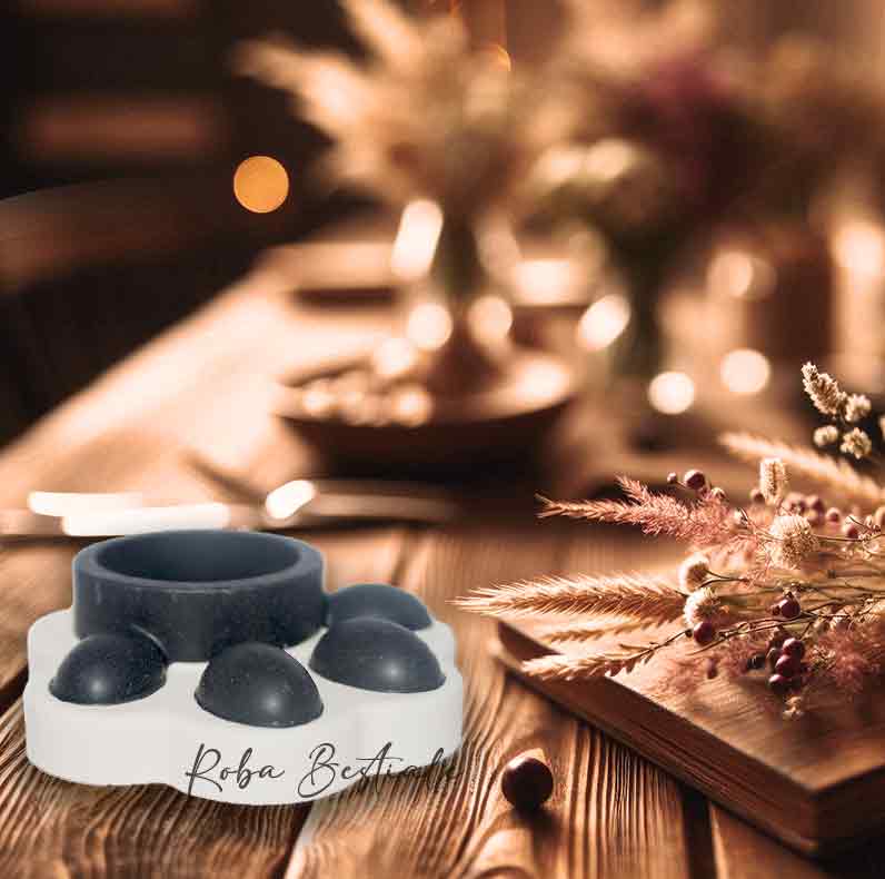 Porta Tea Light ZAMPINA - Base Bianco Panna & dettagli Black - in Jesmonite - 9x9 cm