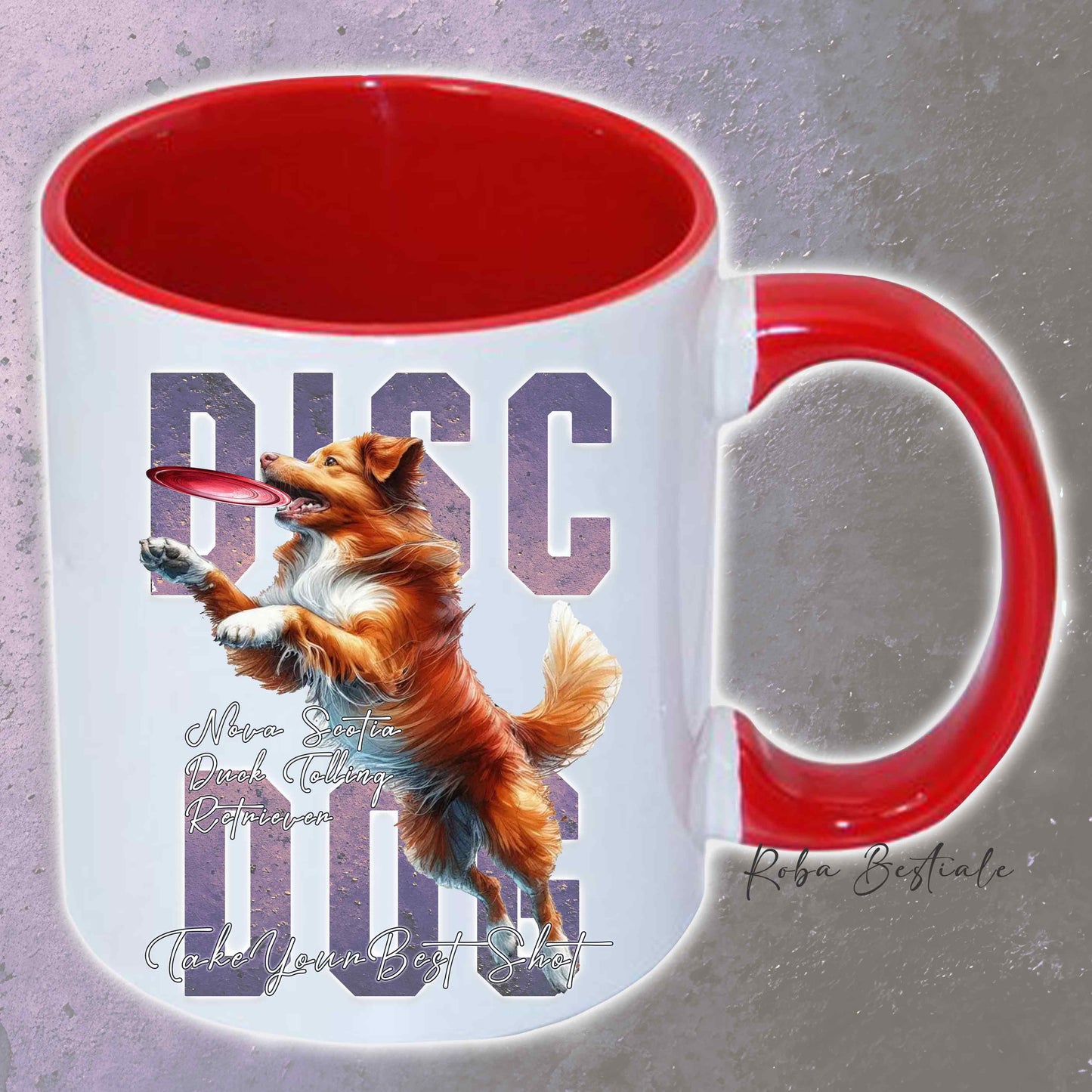 Tazza APTITUDE - DISC DOG - NOVA SCOTIA DUCK TOLLING RETRIEVER - In Ceramica, con manico e interno colorato - 330 ml