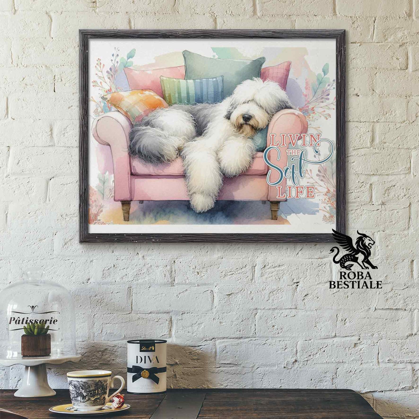 Quadretto SOFT LIFE - OLD ENGLISH SHEEPDOG - Con cornice in legno, formato A4