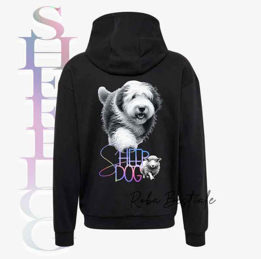 Felpa FLASHY SHEEPDOG - OLD ENGLISH SHEEPDOG - Unisex - Nera o Grigia - dalla XS alla 3XL - Scritta Olografica Cangiante!