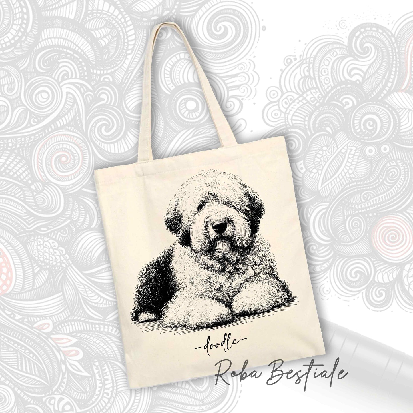 Shopper DOODLE Elegance - OLD ENGLISH SHEEPDOG - Diversi colori disponibili, 100% Cotone