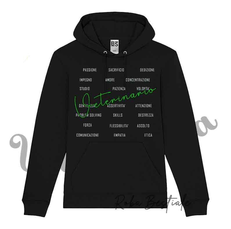 Felpa PASSIONE VETERINARIA - SKILLS - NERA - Unisex, Scritta principale in colore a scelta, 80% cotone