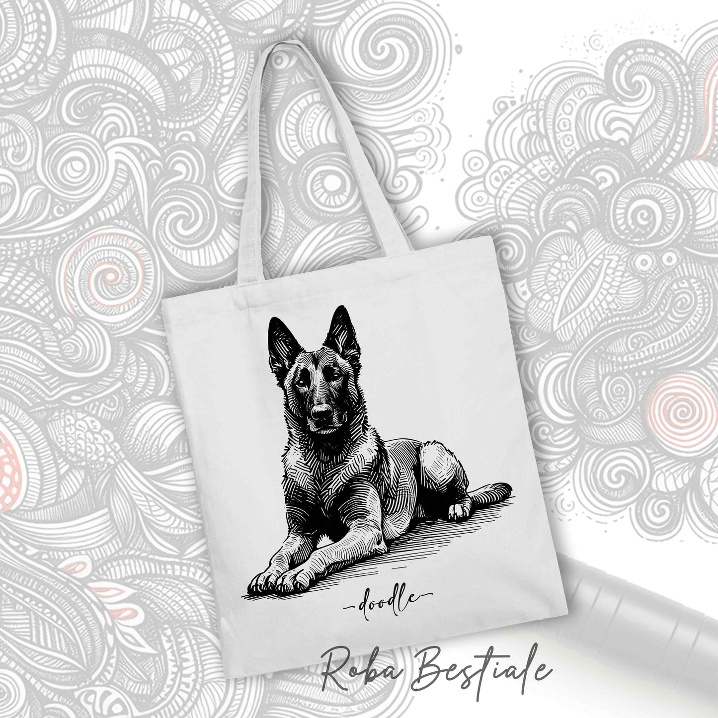 Shopper DOODLE Elegance - PASTORE BELGA MALINOIS - Diversi colori disponibili, 100% Cotone