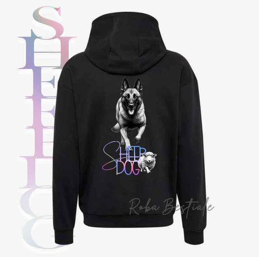 Felpa FLASHY SHEEPDOG - PASTORE BELGA MALINOIS - Unisex - Nera o Grigia - dalla XS alla 3XL - Scritta Olografica Cangiante!