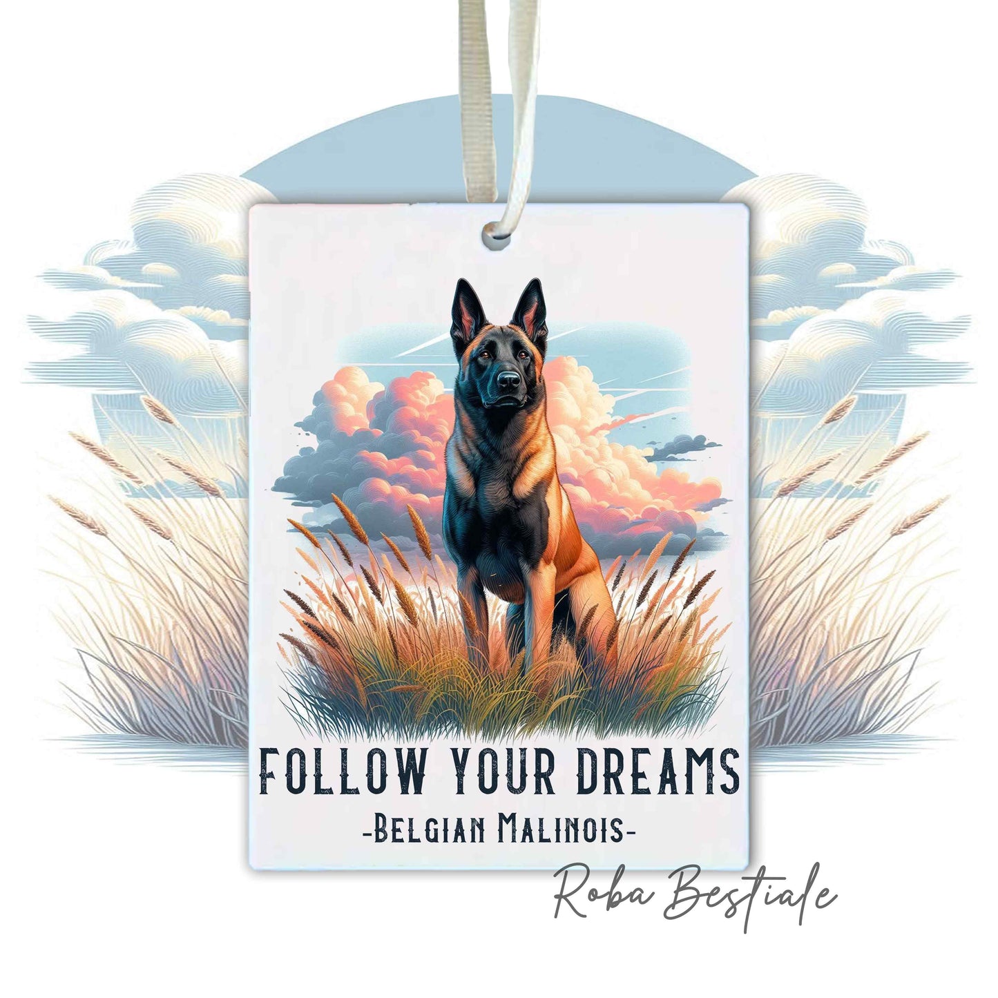 Deodorante Auto QUOTES "DREAM" - PASTORE BELGA MALINOIS - In Feltro, con cordino - 7,5 x 10 cm
