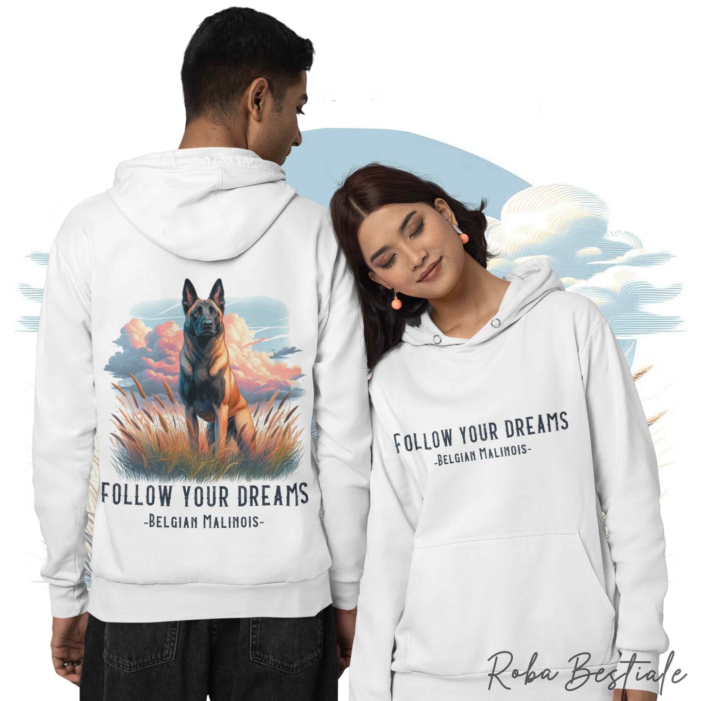 Felpa Estiva QUOTES "DREAM" - PASTORE BELGA MALINOIS - con Cappuccio, Unisex - Off White, Bianca o Grigia - dalla S alla 2XL