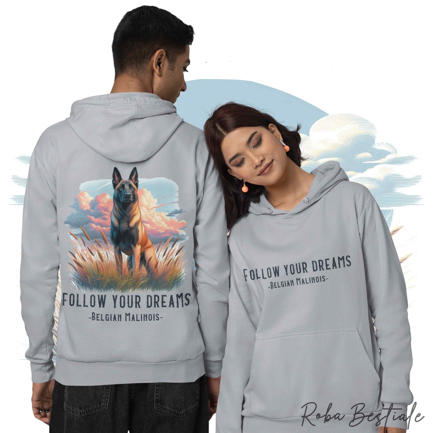 Felpa Estiva QUOTES "DREAM" - PASTORE BELGA MALINOIS - con Cappuccio, Unisex - Off White, Bianca o Grigia - dalla S alla 2XL