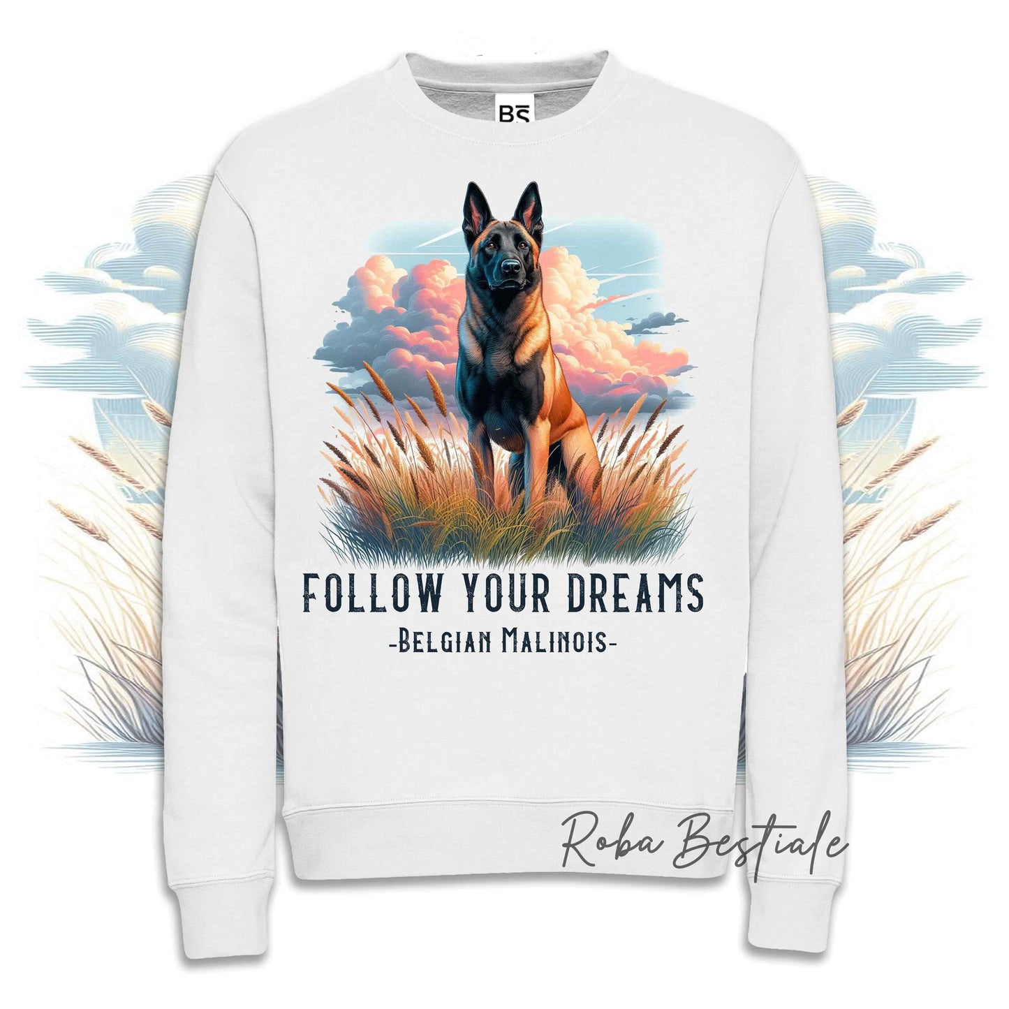 Felpa Invernale QUOTES "DREAM" - PASTORE BELGA MALINOIS - Girocollo, Unisex - Off White, Bianca o Grigia - dalla XS alla 3XL