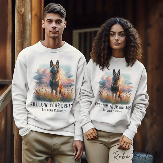 QUOTES "DREAM" Winter Sweatshirt - BELGIAN SHEPHERD MALINOIS - Crew Neck, Unisex - Off White, White, or Gray - XS to 3XL