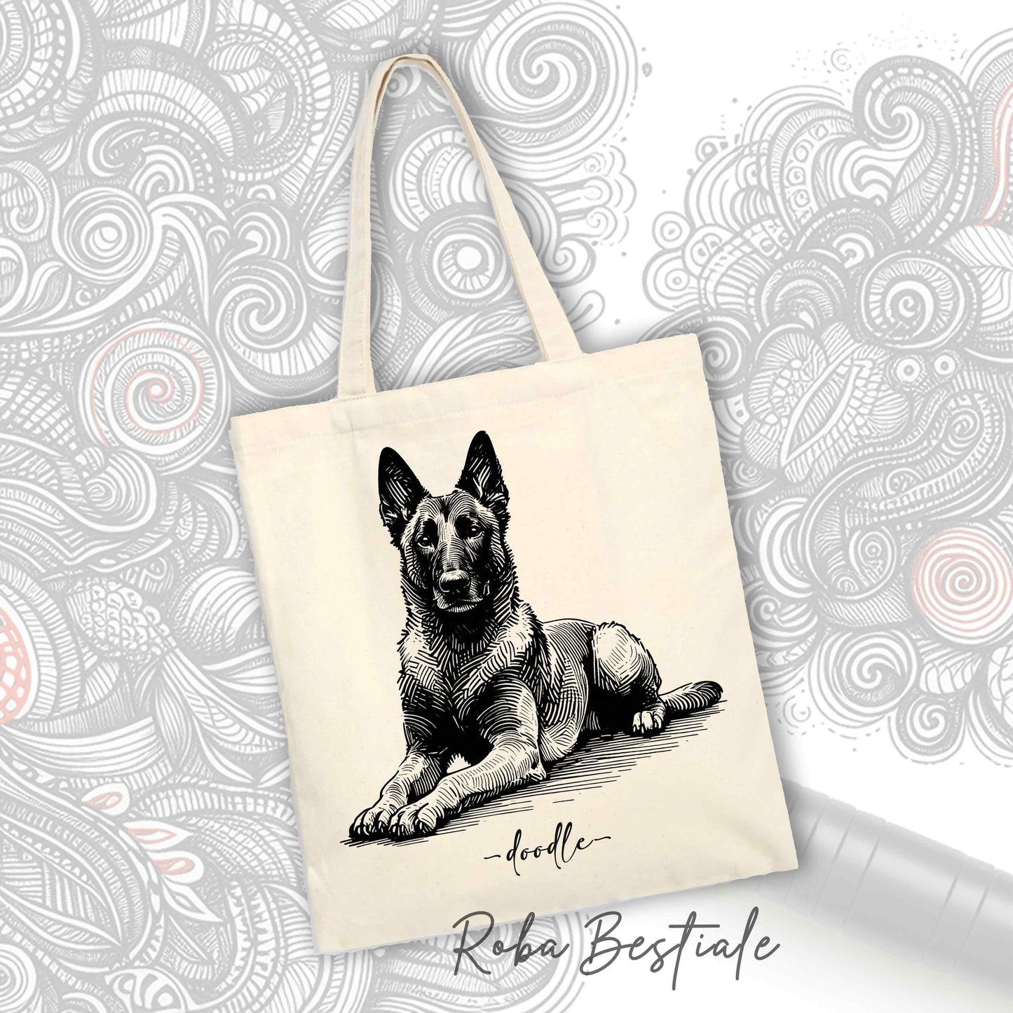 Shopper DOODLE Elegance - PASTORE BELGA MALINOIS - Diversi colori disponibili, 100% Cotone