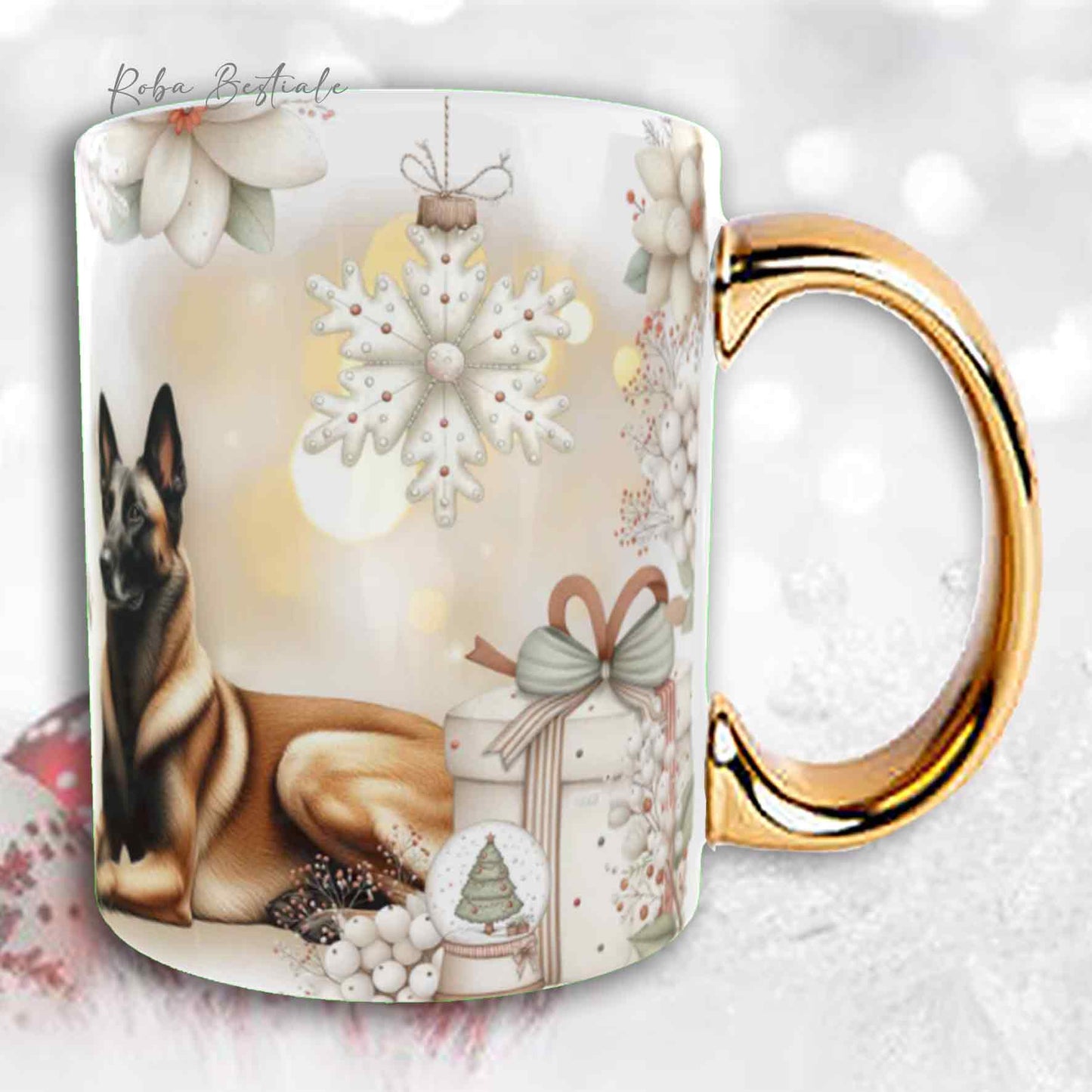 Tazza COZY WINTER - PASTORE BELGA MALINOIS - In Ceramica, con manico color Oro - 330 ml