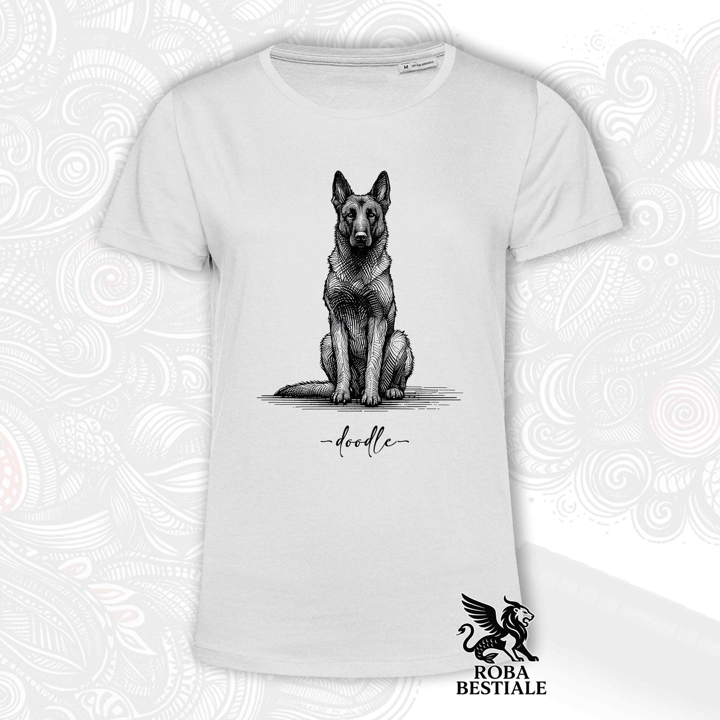 T-Shirt DOODLE - PASTORE BELGA MALINOIS - Bianca o Beige, da Uomo o da Donna - dalla XS alla 5XL