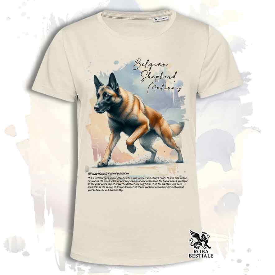 T-Shirt BEHAVIOR - PASTORE BELGA MALINOIS - Bianca o Beige, da Uomo o da Donna - dalla XS alla 5XL