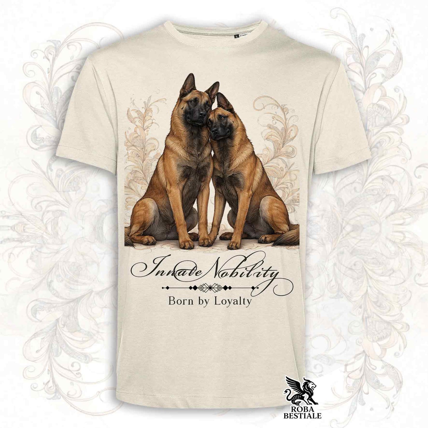 T-Shirt NOBILITY - PASTORE BELGA MALINOIS - Bianca o Beige, da Uomo o da Donna - dalla XS alla 5XL
