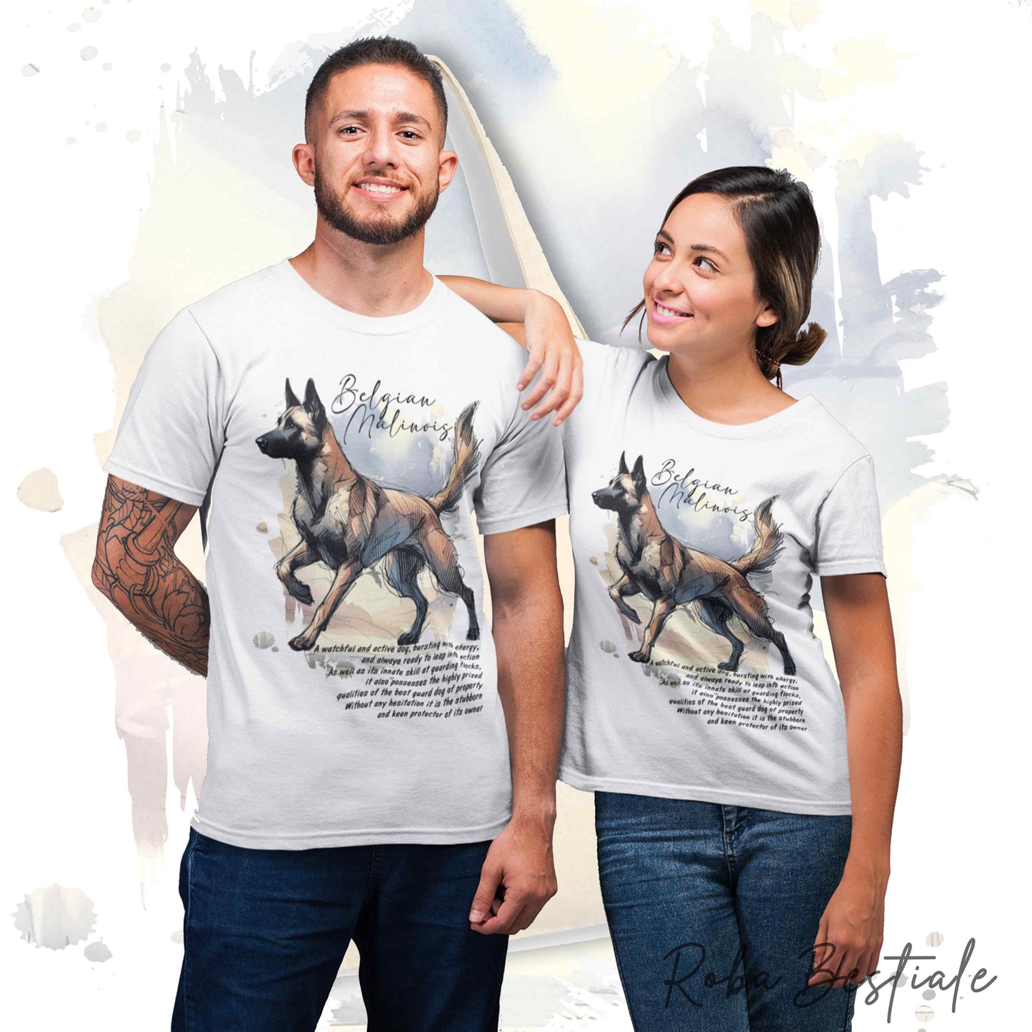 T-Shirt BEHAVIOR - PASTORE BELGA MALINOIS - Standard FCI - 100% Cotone, Bianca, Uomo o Donna - dalla XS alla 5XL