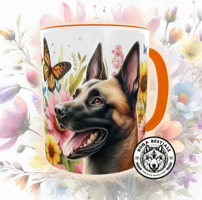 Tazza SPRING LOVE - PASTORE BELGA MALINOIS - Manico e Interno Colorati - In Ceramica, 330 ml