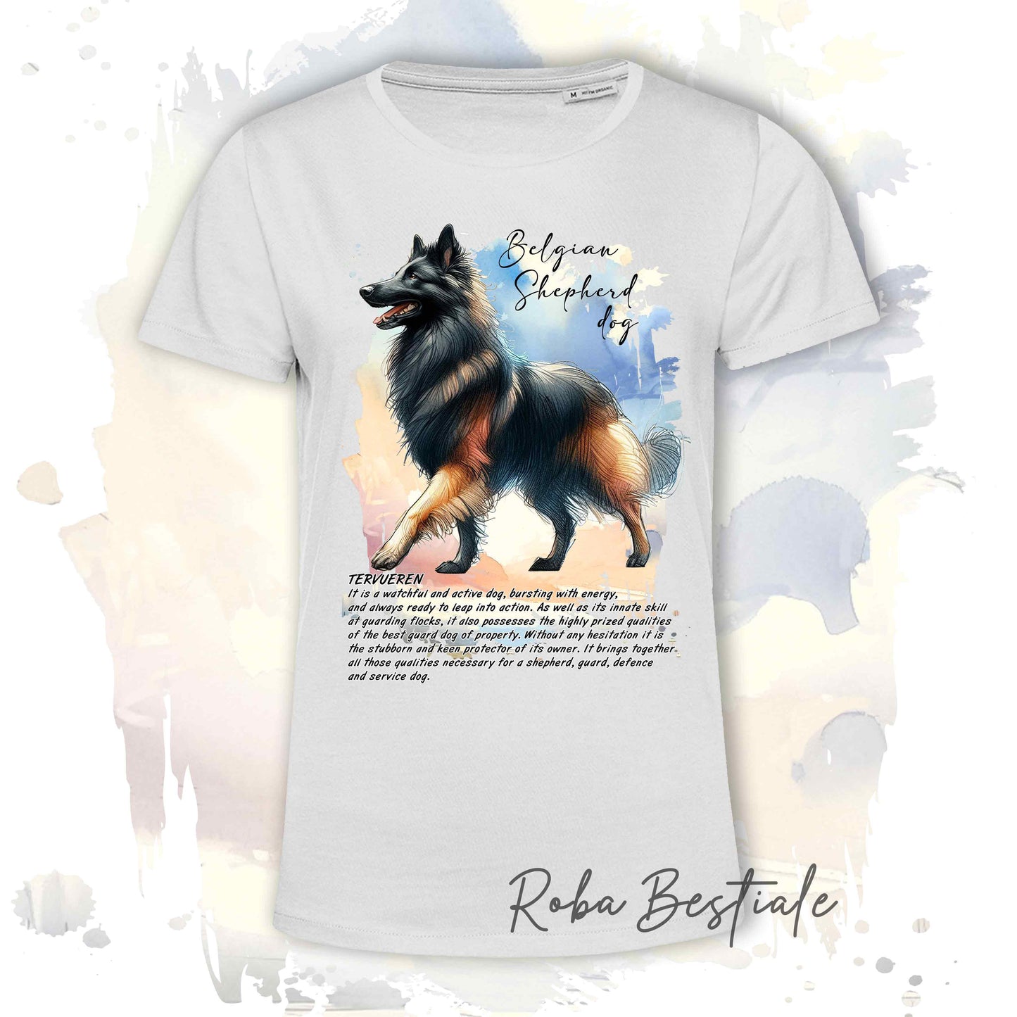 T-Shirt BEHAVIOR - PASTORE BELGA TERVUEREN - Standard FCI - 100% Cotone, Bianca, Uomo o Donna - dalla XS alla 5XL