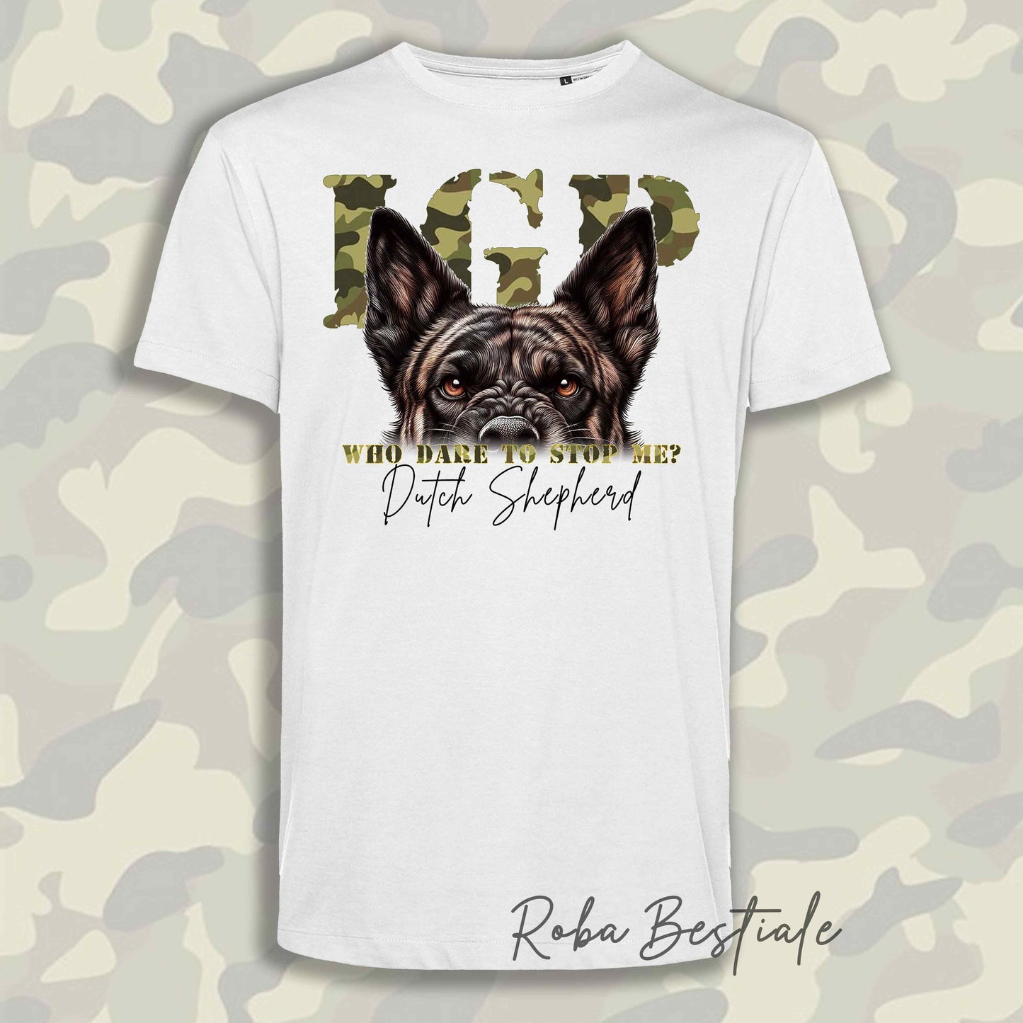 T-Shirt WHO DARE IGP - PASTORE OLANDESE a Pelo Corto - Bianca - Stampa in tanti colori! Dalla XS alla 5XL