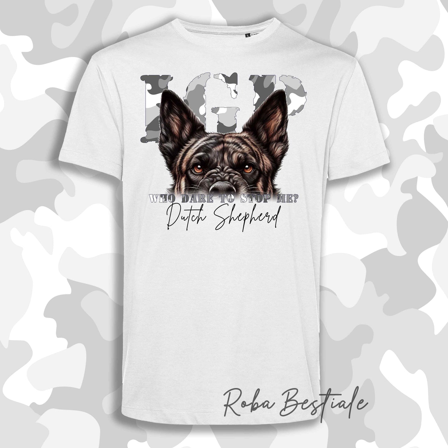 T-Shirt WHO DARE IGP - PASTORE OLANDESE a Pelo Corto - Bianca - Stampa in tanti colori! Dalla XS alla 5XL