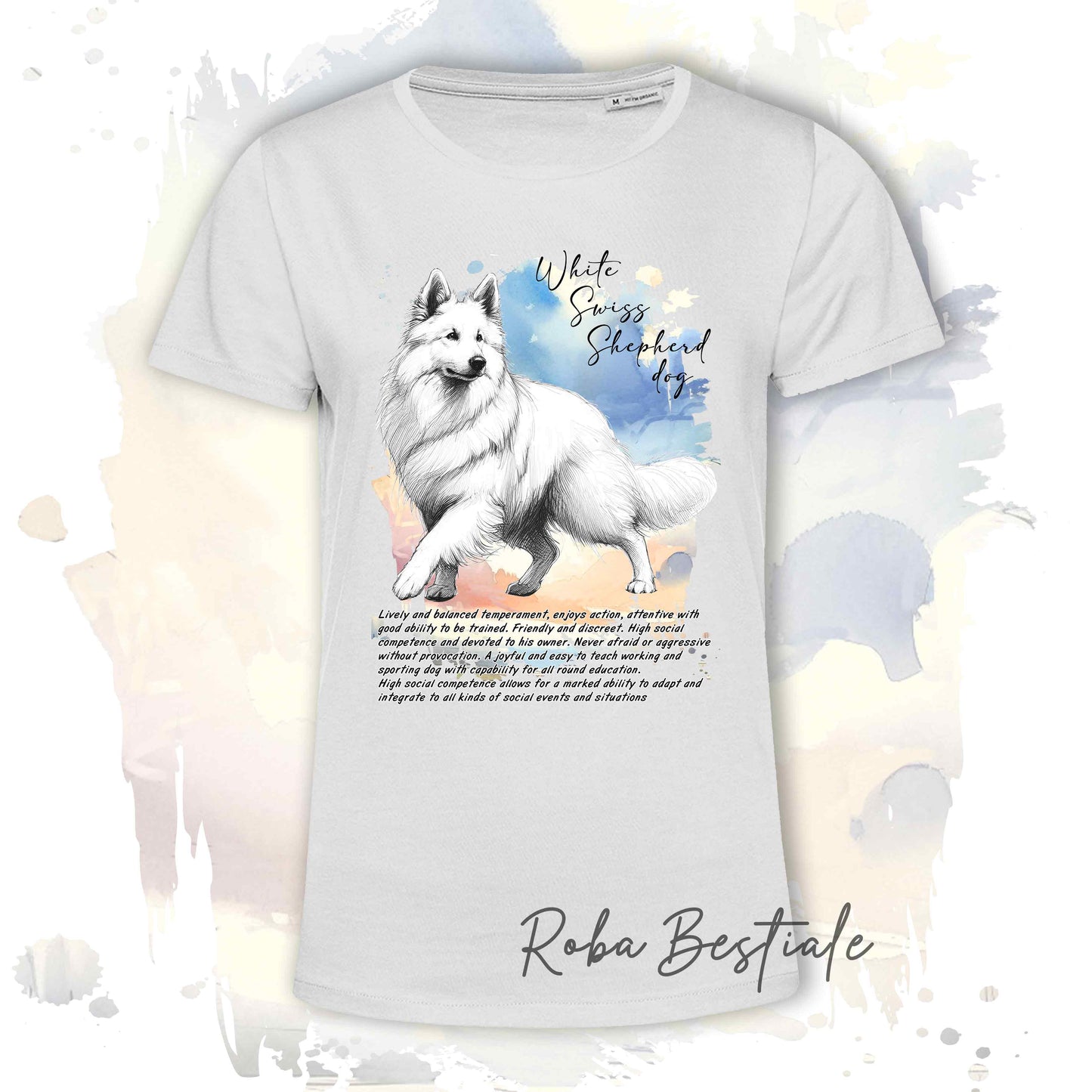 T-Shirt BEHAVIOR - PASTORE SVIZZERO BIANCO - Standard FCI - 100% Cotone, Bianca, Uomo o Donna - dalla XS alla 5XL