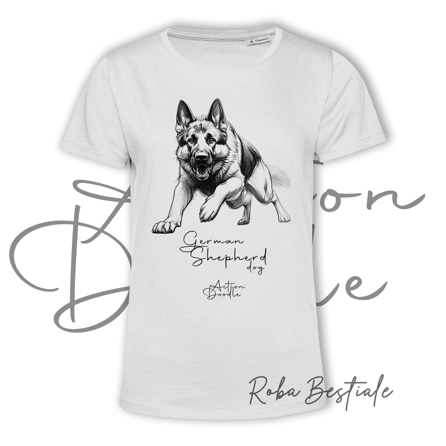 T-Shirt ACTION DOODLE - PASTORE TEDESCO - 100% Cotone, Bianca, Uomo o Donna - dalla XS alla 5XL