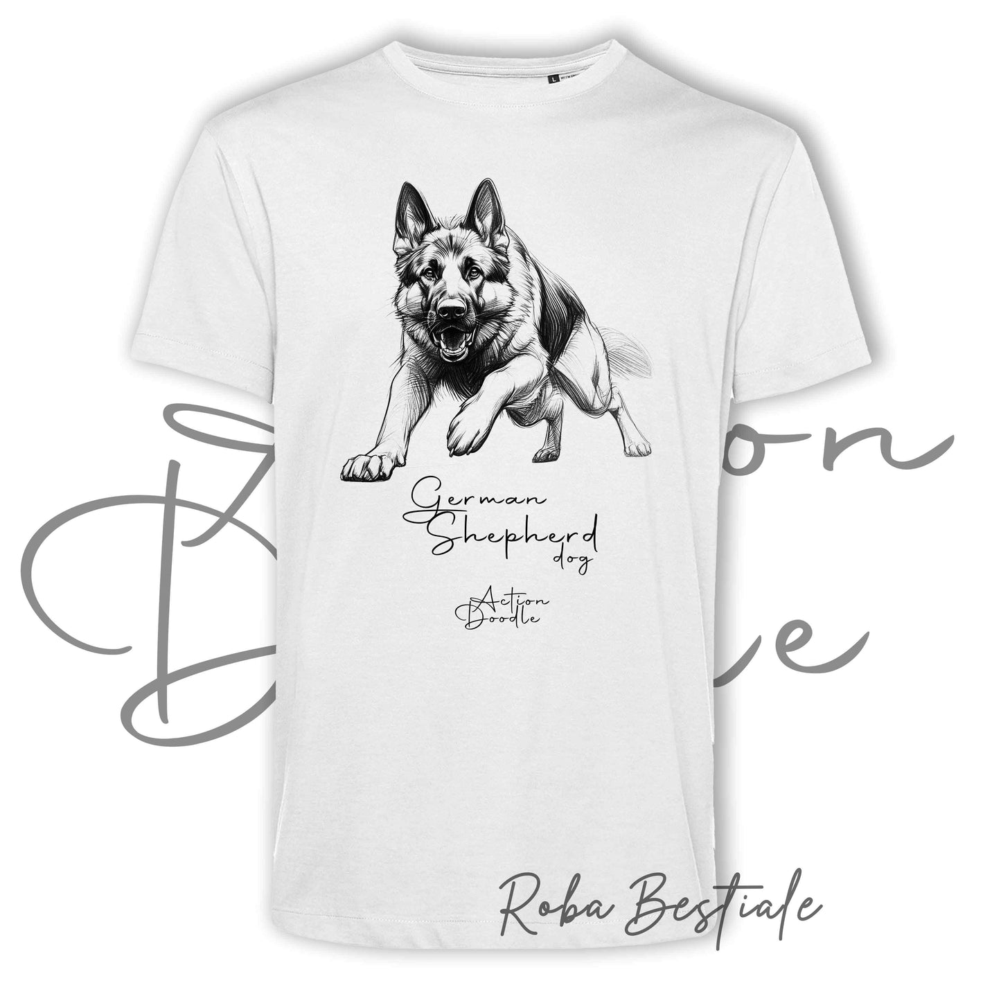 T-Shirt ACTION DOODLE - PASTORE TEDESCO - 100% Cotone, Bianca, Uomo o Donna - dalla XS alla 5XL