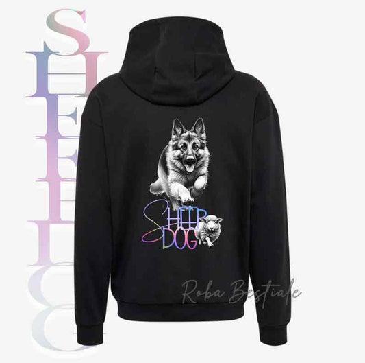 Felpa FLASHY SHEEPDOG - PASTORE TEDESCO - Unisex - Nera o Grigia - dalla XS alla 3XL - Scritta Olografica Cangiante!