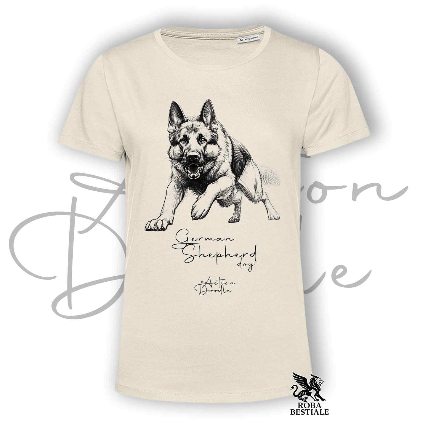 T-Shirt ACTION DOODLE - PASTORE TEDESCO - Bianca o Beige, da Uomo o da Donna - dalla XS alla 5XL
