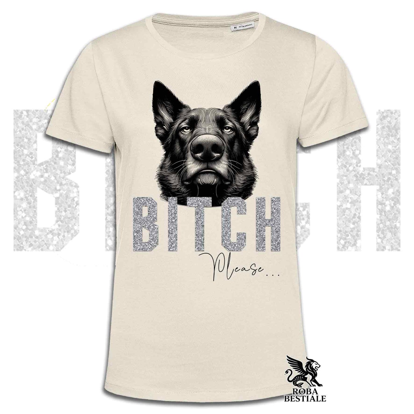 T-shirt beige stampata con un Pastore Tedesco da lavoro "grigione" con espressione disgustata. Grafica originale Roba Bestiale, collezione Bitch Please