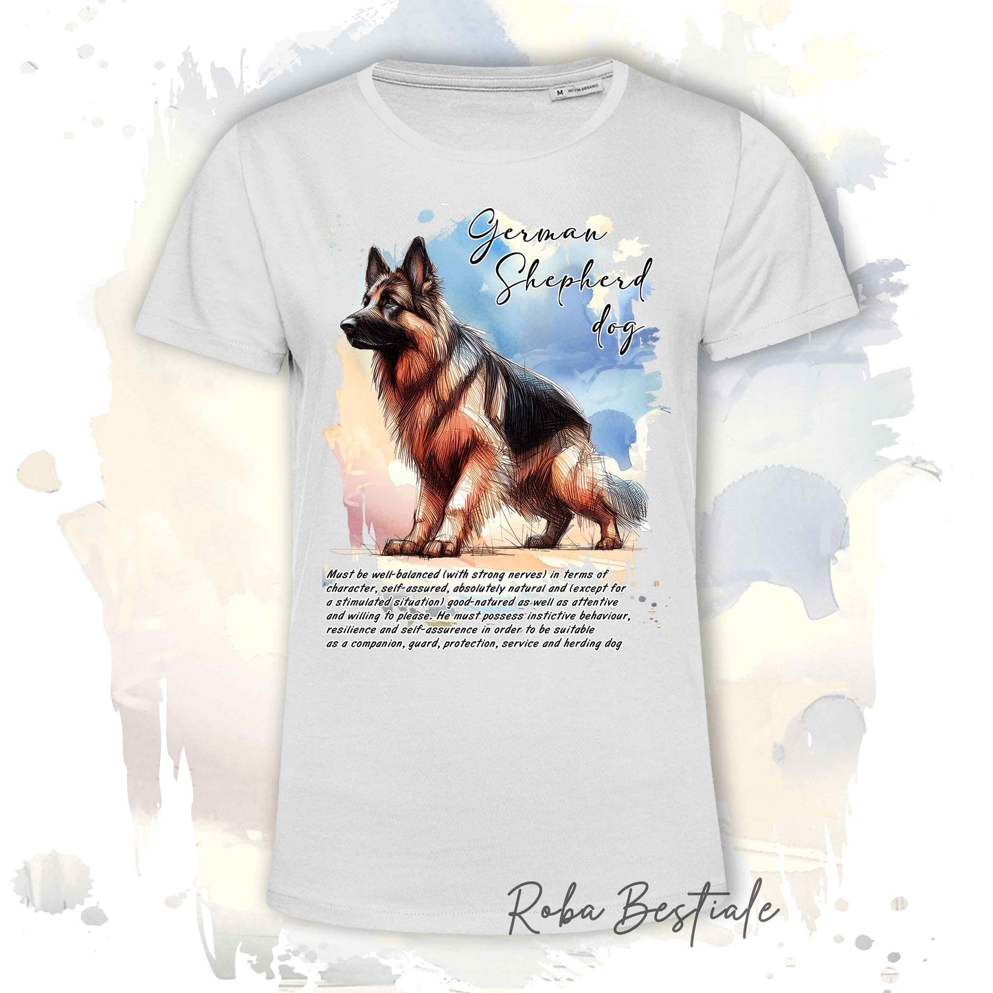 T-Shirt BEHAVIOR - PASTORE TEDESCO a Pelo Lungo - Standard FCI - 100% Cotone, Bianca, Uomo o Donna - dalla XS alla 5XL