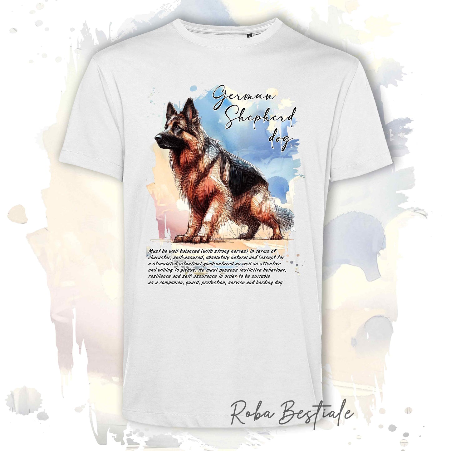 T-Shirt BEHAVIOR - PASTORE TEDESCO a Pelo Lungo - Standard FCI - 100% Cotone, Bianca, Uomo o Donna - dalla XS alla 5XL