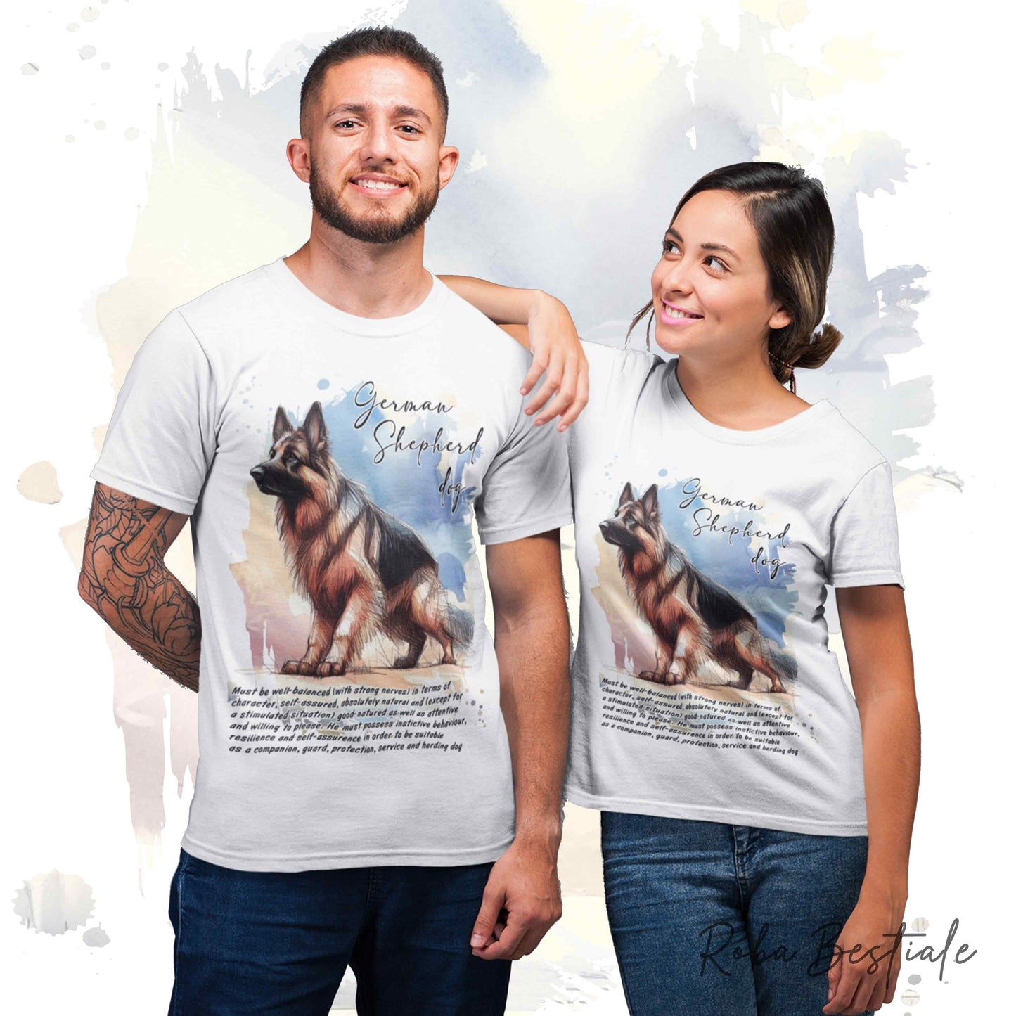 T-Shirt BEHAVIOR - PASTORE TEDESCO a Pelo Lungo - Standard FCI - 100% Cotone, Bianca, Uomo o Donna - dalla XS alla 5XL