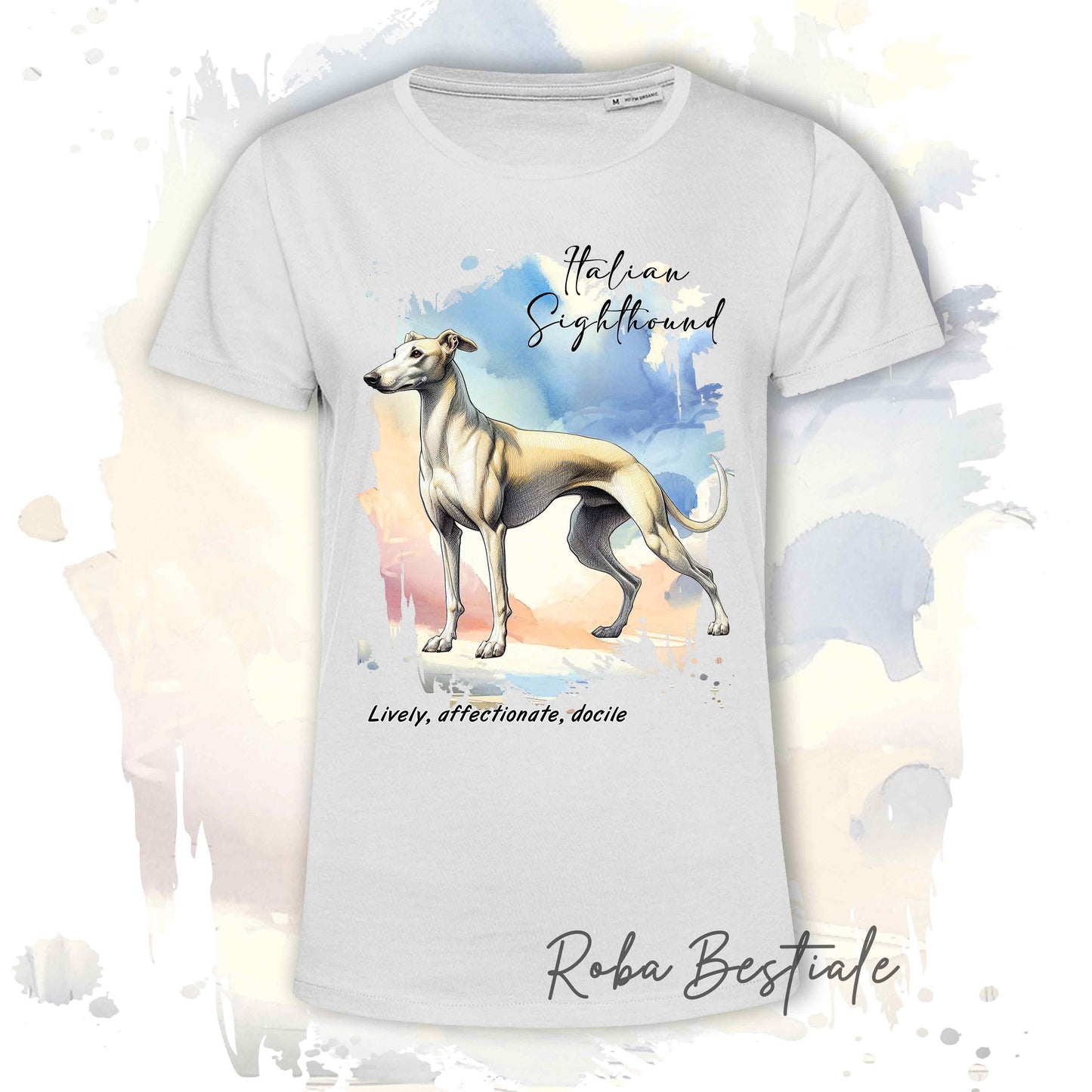 T-Shirt BEHAVIOR - PICCOLO LEVRIERO ITALIANO Isabella - Standard FCI - 100% Cotone, Bianca, Uomo o Donna - dalla XS alla 5XL