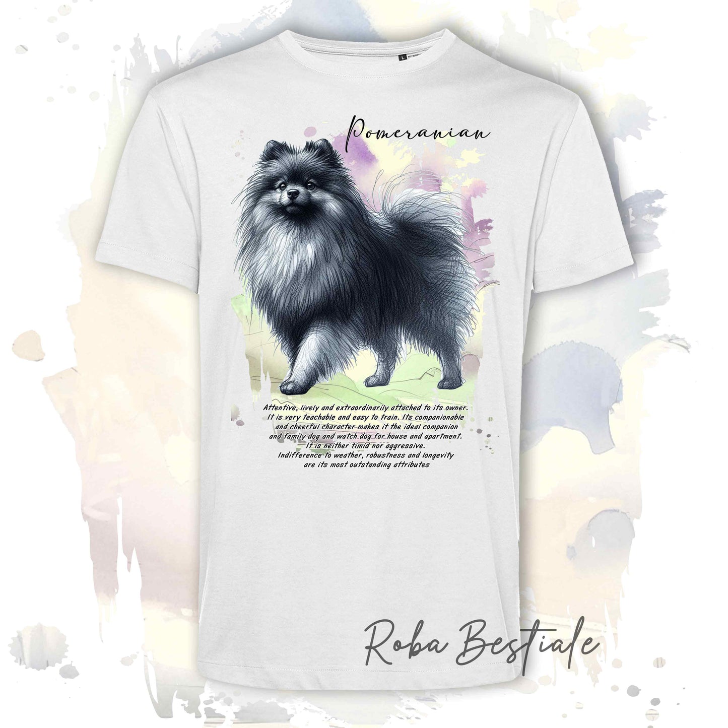 T-Shirt BEHAVIOR - POMERANIA - SPITZ TEDESCO TOY Grigio Sfumato - Standard FCI - 100% Cotone, Bianca, Uomo o Donna - dalla XS alla 5XL