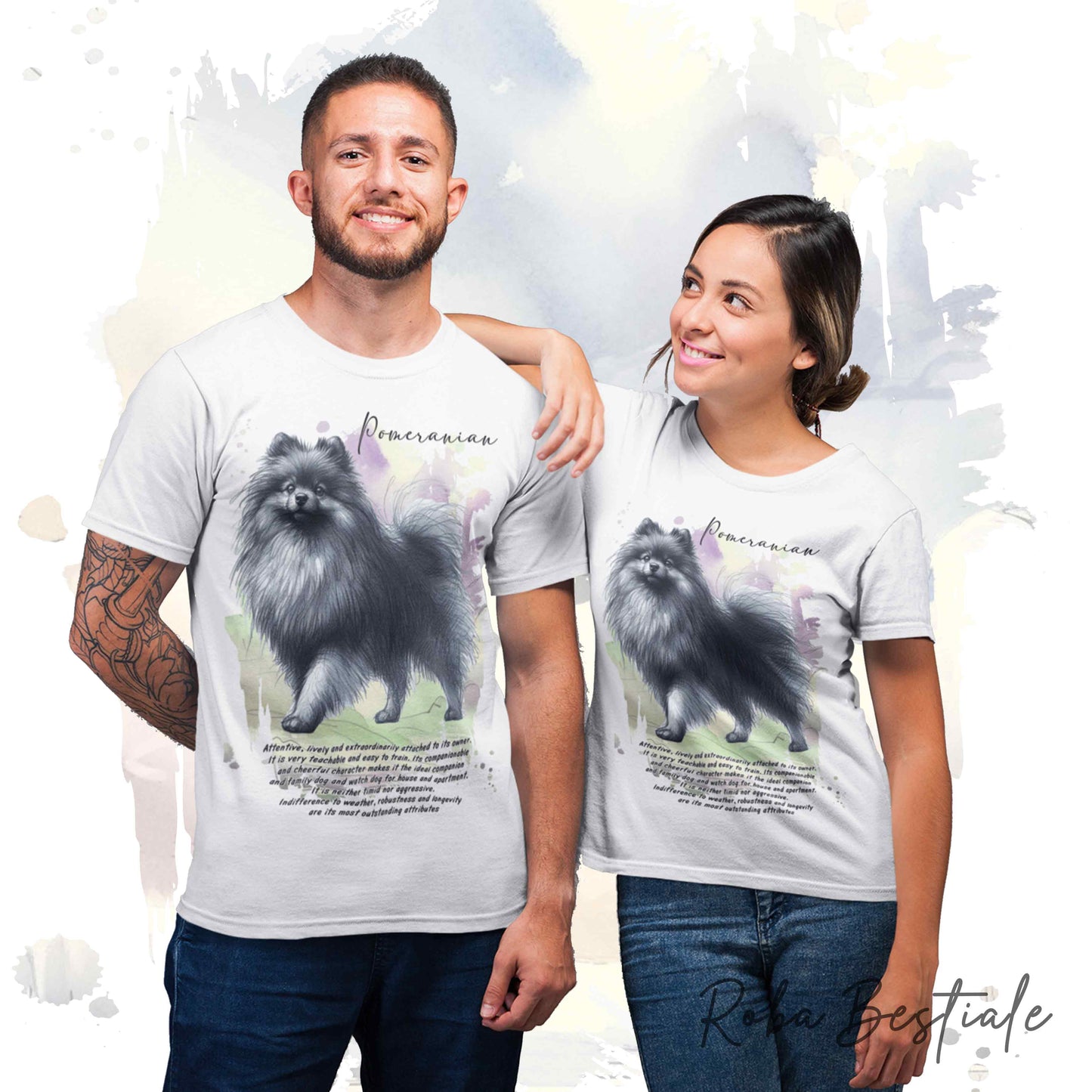 T-Shirt BEHAVIOR - POMERANIA - SPITZ TEDESCO TOY Grigio Sfumato - Standard FCI - 100% Cotone, Bianca, Uomo o Donna - dalla XS alla 5XL