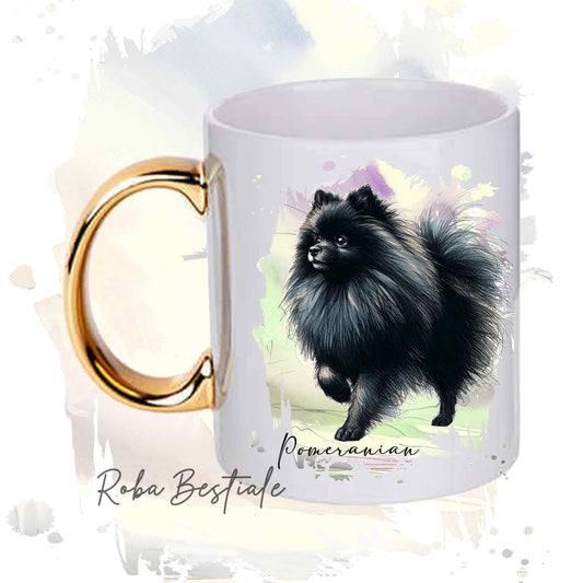 Tazza BEHAVIOR - POMERANIA - SPITZ TEDESCO TOY Nero - Standard FCI - In Ceramica, con manico dorato - 330 ml