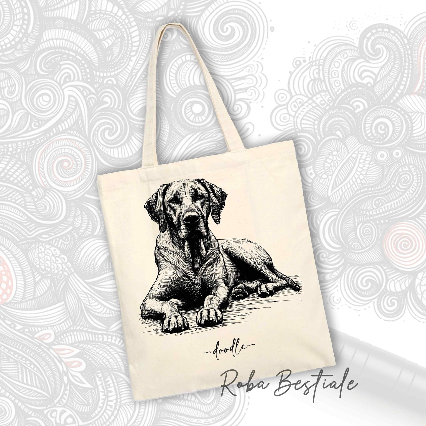Shopper DOODLE - RHODESIAN RIDGEBACK - Diversi colori disponibili, 100% Cotone