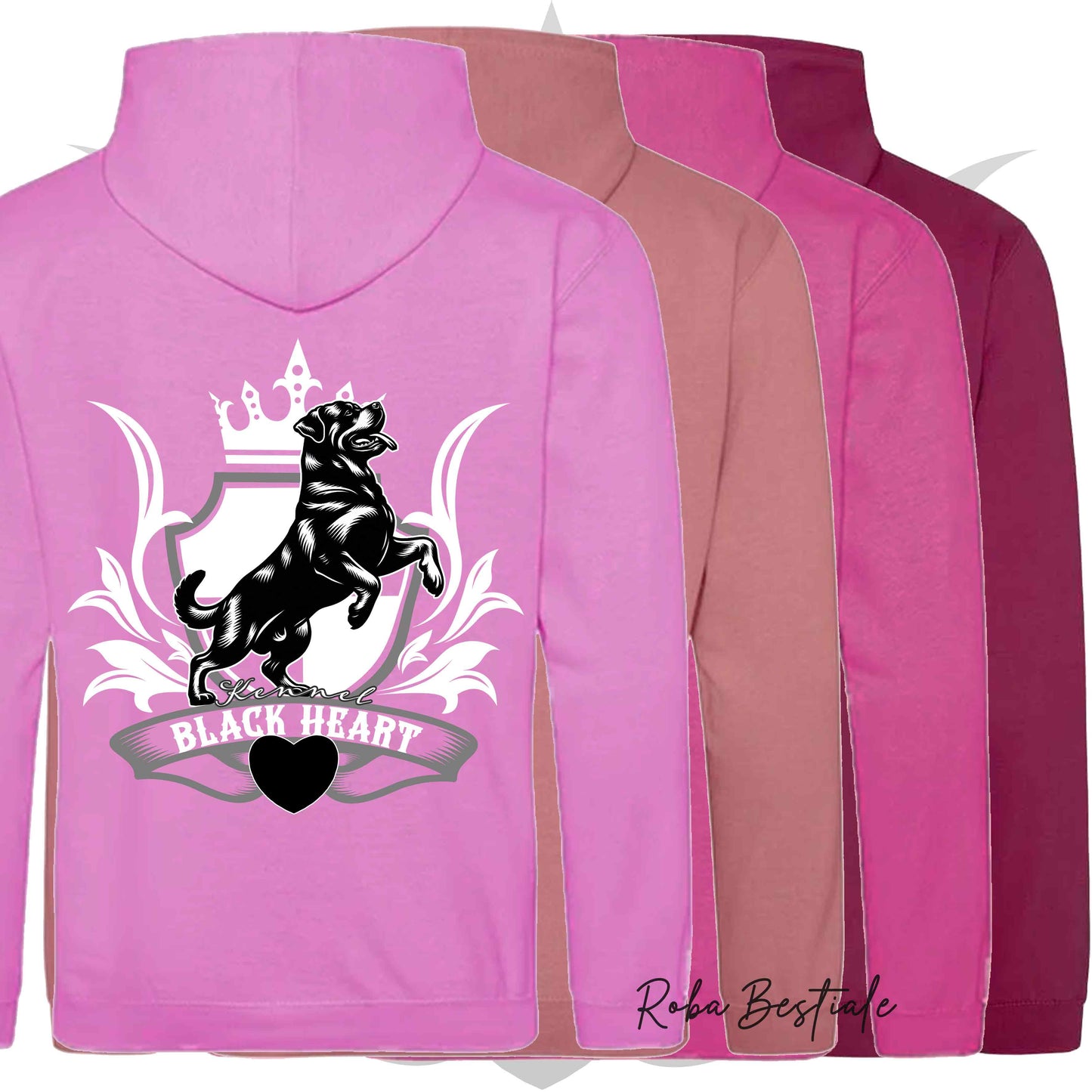 Felpa BLACK HEART Kennel - Tanti toni di ROSA! Felpata internamente, con Cappuccio - dalla XS alla 5XL