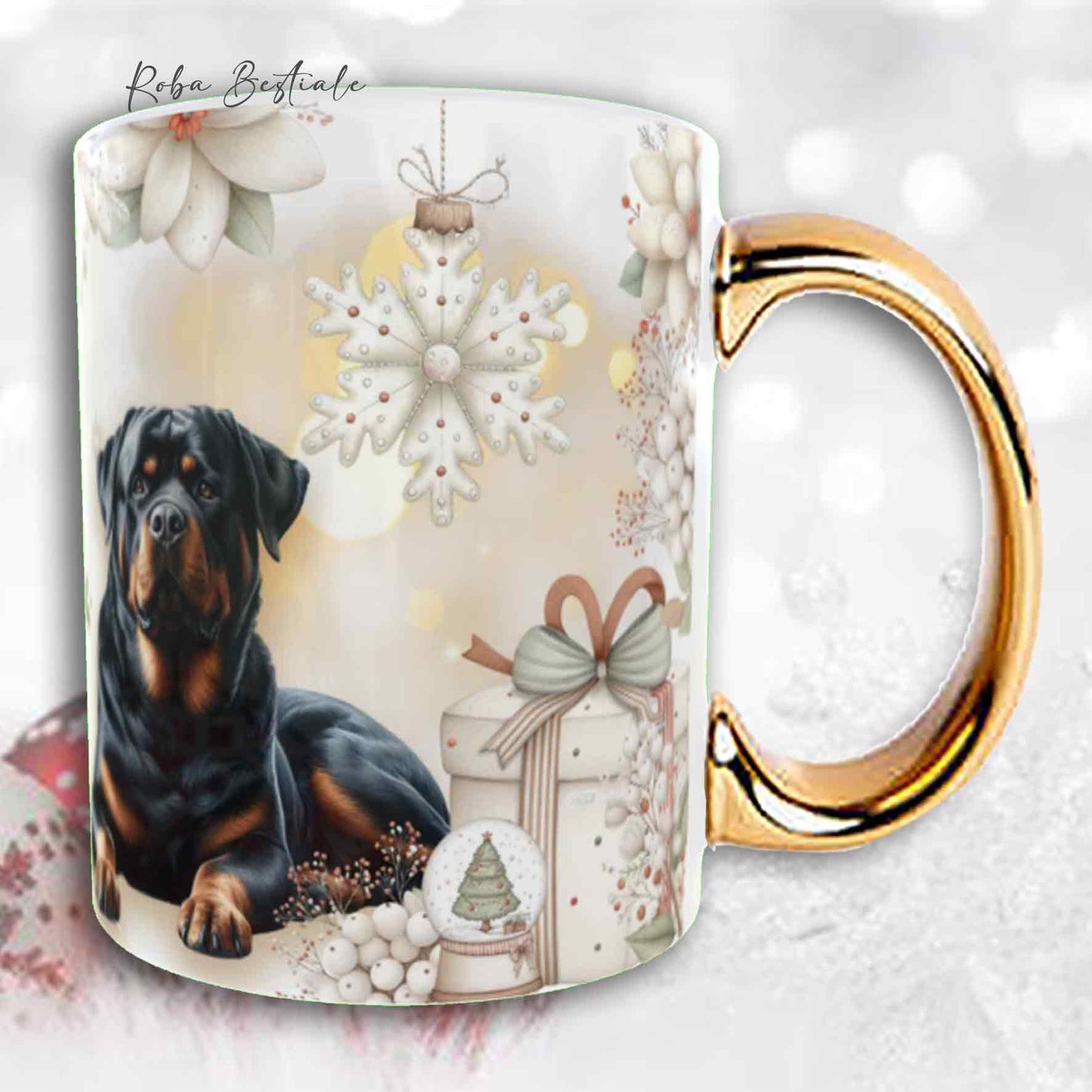Tazza COZY WINTER - ROTTWEILER - In Ceramica, con manico color Oro - 330 ml