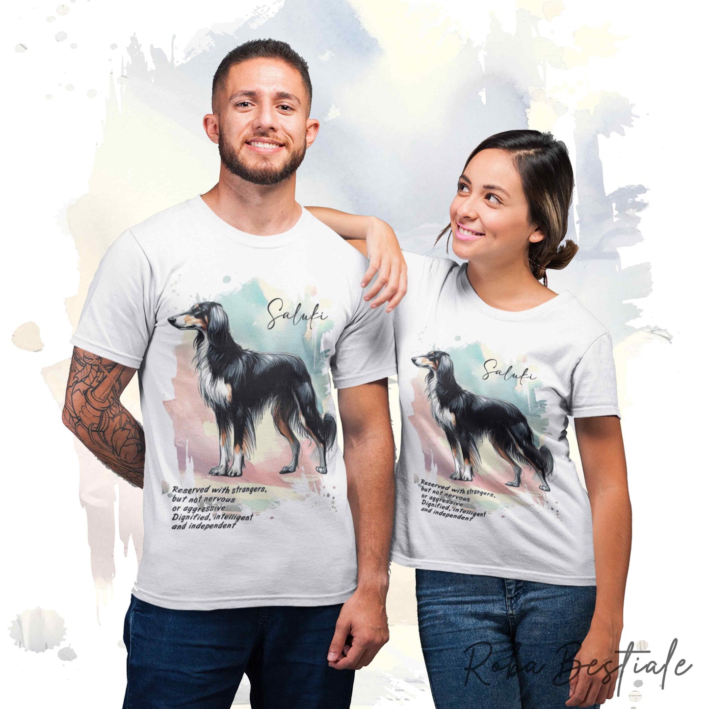 T-Shirt BEHAVIOR - SALUKI Black Tricolor - Standard FCI - 100% Cotone, Bianca, Uomo o Donna - dalla XS alla 5XL