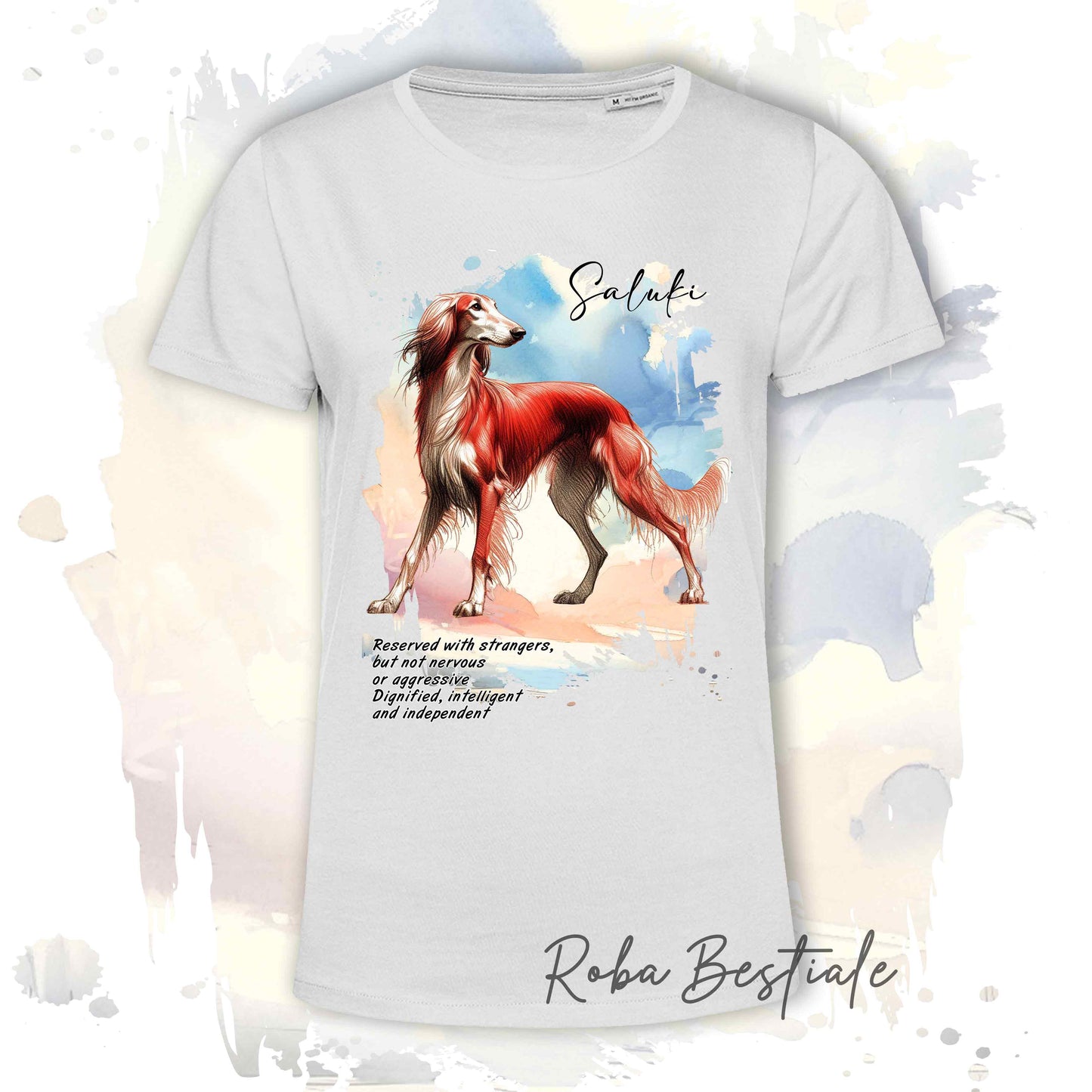 T-Shirt BEHAVIOR - SALUKI Rosso - Standard FCI - 100% Cotone, Bianca, Uomo o Donna - dalla XS alla 5XL
