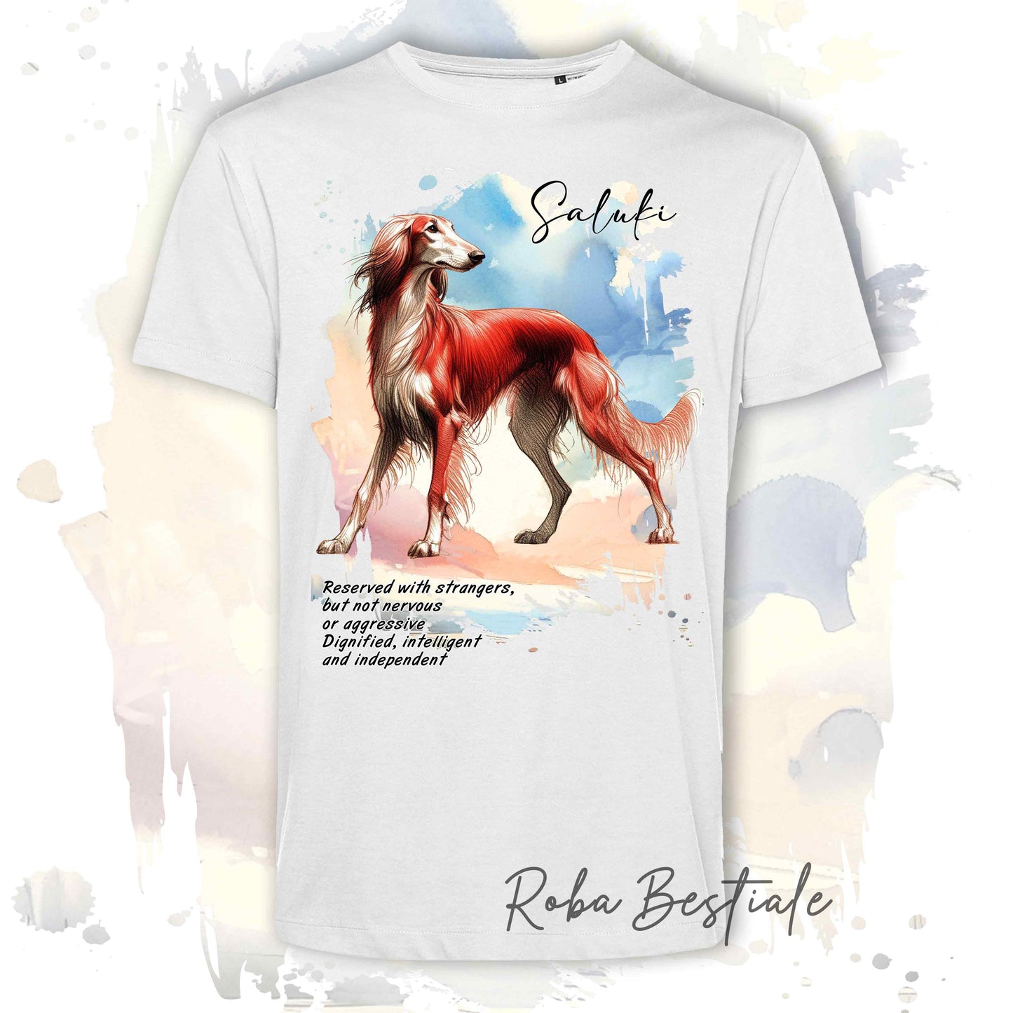 T-Shirt BEHAVIOR - SALUKI Rosso - Standard FCI - 100% Cotone, Bianca, Uomo o Donna - dalla XS alla 5XL