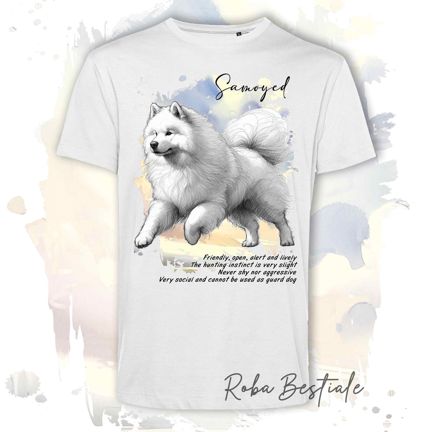 T-Shirt BEHAVIOR - SAMOIEDO - Standard FCI - 100% Cotone, Bianca, Uomo o Donna - dalla XS alla 5XL