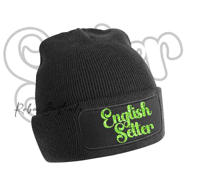 Beanie SETTER INGLESE - Cappellino Invernale NERO, BLUE NAVY o BABY PINK - Scritta in colore a scelta